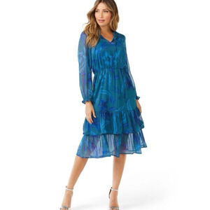 Sofia Vergara Floral Chiffon Midi Dress Teal Blue Size M Ruffle Tier Sheer Party